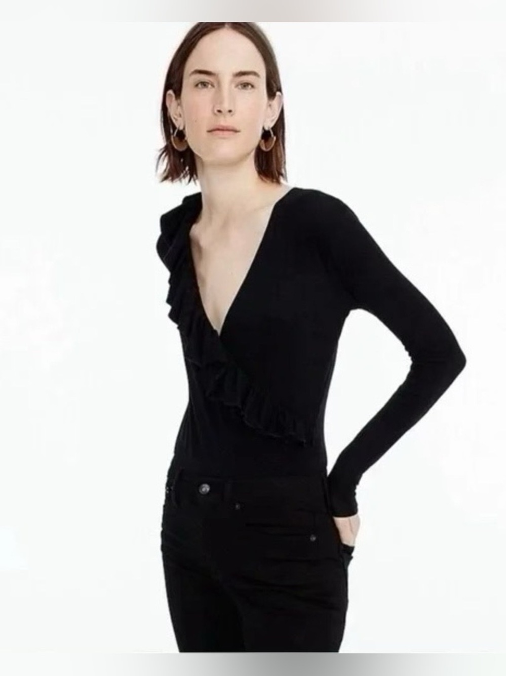 J.crew Small Black Ruffle Faux Wrap Long Sleeve V-Neck Full Coverage Bodysuit